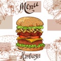 Fast food poster with hamburger. Hand draw retro illustration. Vintage burger design. Template Royalty Free Stock Photo