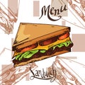 Fast food poster with Sandwich. Hand draw retro illustration. Vintage burger design. Template Royalty Free Stock Photo