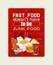 Fast food poster vector illustration. Eating out. Quick way to have meal. Beverage, soda, french fries, noodles Royalty Free Stock Photo
