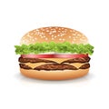 Fast Food Realistic Burger Vector. Hamburger Icon With Meat, Lettuce, Cheese And Tomato. Isolated