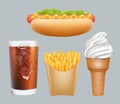 Fast food. Realistic junk food hotdogs cold drink ice cream french fries vector 3d graphics