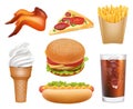 Fast food realistic. Lunch pizza chicken hamburger hot dog drinks french fries vector junk trash food pictures