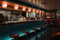 fast food restaurant with dimly lit interiors and retro design, bringing back the nostalgia of classic 1950s diners