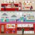 Fast food restaurant interior vector illustration. Banners set in flat design. Ice cream cafe. Eatery menu Royalty Free Stock Photo