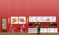 Fast food restaurant interior vector illustration. Horizontal banner in flat style design. Eatery menu
