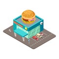 Fast food restaurant. Isometric modern burger house building vector concept