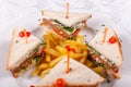 Fast food restaurant menu. Club sandwich with cheese, pIckled cucmber, tomato and smoked meat. Garnished with golden Royalty Free Stock Photo