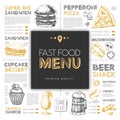 Fast food restaurant menu design with hand drawing sandwich and pizza. Royalty Free Stock Photo