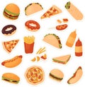 Fast food restaurant menu sticker pack set, yummy hot dog sandwich hamburger pizza donut french fries Royalty Free Stock Photo