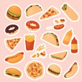 Fast food restaurant menu sticker pack set, yummy hot dog sandwich hamburger pizza donut french fries Royalty Free Stock Photo