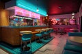 fast food restaurant with neon and retro signage, creating a fun and welcoming atmosphere