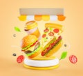 Fast food restaurant poster with podium, flying burger, hotdog, pizza, drink icons and striped canopy roof on orange 3d Royalty Free Stock Photo