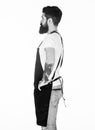 Fast food restaurant. Restaurant staff. Waiter or bartender. Ready serve drink. Bearded hipster wear apron. Man cook Royalty Free Stock Photo