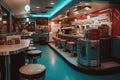 fast-food restaurant with 1950s diner theme, jukebox playing in the background