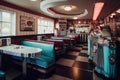 fast-food restaurant with 1950s diner theme, jukebox playing in the background