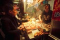 Fast-food restaurant stall with meat dishes and grilled seafood