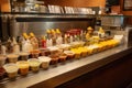 fast-food restaurant, with variety of sauces and condiments displayed on the counter top