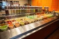 fast-food restaurant, with variety of sauces and condiments displayed on the counter top