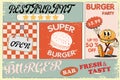 Fast food restaurants and diners retro signs collection. Burger posters Royalty Free Stock Photo