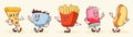 Fast Food Retro Cartoon Characters Set. Groovy Pizza, Hotdog, Coffee, Soda, French Fries Mascot Illustrations. Street Royalty Free Stock Photo