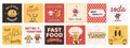 Fast food retro posters. Cute drinks characters, funny groovy burger, hot dog and potato fries. Cafe or restaurant Royalty Free Stock Photo