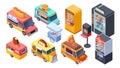 Fast food sale. Isometric vending machine, street food trucks and carts. Selling hot dogs pizza snacks. 3d isolated