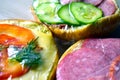 Fast food and sandwiches with sausage and vegetables in po