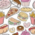 Fast food seamless background with hand drawn vector symbols and objects Royalty Free Stock Photo