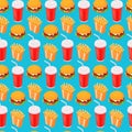 Fast-food Seamless Isometric Vector Pattern, Cola, Burger and French Fries