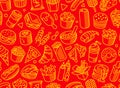 Fast food seamless pattern. Burger, hot dog, pizza and other food yellow vector pattern on red background.