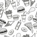 Fast food seamless pattern. Burger, pizza, hot dog, french fries, chicken leg, drink in cup, ice cream, cupcake, donut, ketchup Royalty Free Stock Photo