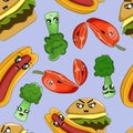 fast food seamless pattern with burger, tomato, and broccoli