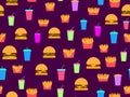 Fast food seamless pattern with hamburgers, drinks and fries. Cheeseburgers and hamburgers and fizzy soft drinks. Plastic and