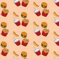 Fast food seamless pattern . hamburgers, French fries, hot dogs and a glass of drink.vector illustration Royalty Free Stock Photo