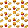 Fast food seamless pattern . hamburgers, French fries, hot dogs,pizzas ,a glass of drink.vector illustration Royalty Free Stock Photo