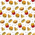 Fast food seamless pattern . hamburgers, French fries, hot dogs,pizzas ,a glass of drink.vector illustration Royalty Free Stock Photo