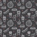 Fast food seamless pattern. Hand drawn food background. Background template for restaurant design. Hot dog, hamburger, pizza, cup