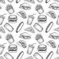 Fast food seamless pattern. Hand drawn pizza, burger and fries, hot dog, hamburger and cola for fast food menu wallpaper