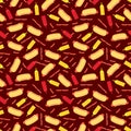 Fast food seamless pattern - hot dog sausage ketchup and mustard