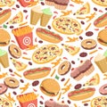 Fast food seamless pattern. Fast food vector flat cartoon backdrop.