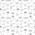 Fast food seamless pattern vector illustration, hand drawing doodles Royalty Free Stock Photo