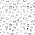 Fast food seamless pattern vector illustration, hand drawing doodles Royalty Free Stock Photo