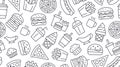 Fast food seamless pattern with vector line icons of hamburger, pizza, hot dog, beverage, cheeseburger. Restaurant menu