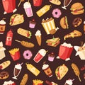 Fast food seamless vector pattern. Cartoon illustration of burger sandwich, hamburger, pizza and hot dog. Fast food meal Royalty Free Stock Photo