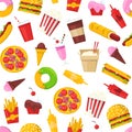 Fast food seamless vector pattern. Cartoon illustration of burger sandwich, hamburger, pizza and hot dog isolated on Royalty Free Stock Photo