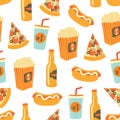 Fast food seamless vector pattern. Snack food and drinks Background with hand draw pizza, hot dog, popcorn, beer, cup. Doodle Royalty Free Stock Photo