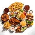 Fast food selection on a white background. Chicken nuggets, french fries, hamburger, salad, onion rings, chips, picklesnnaise Royalty Free Stock Photo