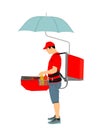 Fast food seller vector illustration isolated. Mobile restaurant offer hot dog, bacon, burger outdoor on the street.
