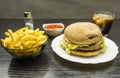 Fast food set - beef burger on a plate, a bowl of french fries a