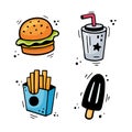 Fast food set - Burger, French fries, drink, ice cream. Hand drawn Colorful fast food combo drawn with felt tip pen. Royalty Free Stock Photo